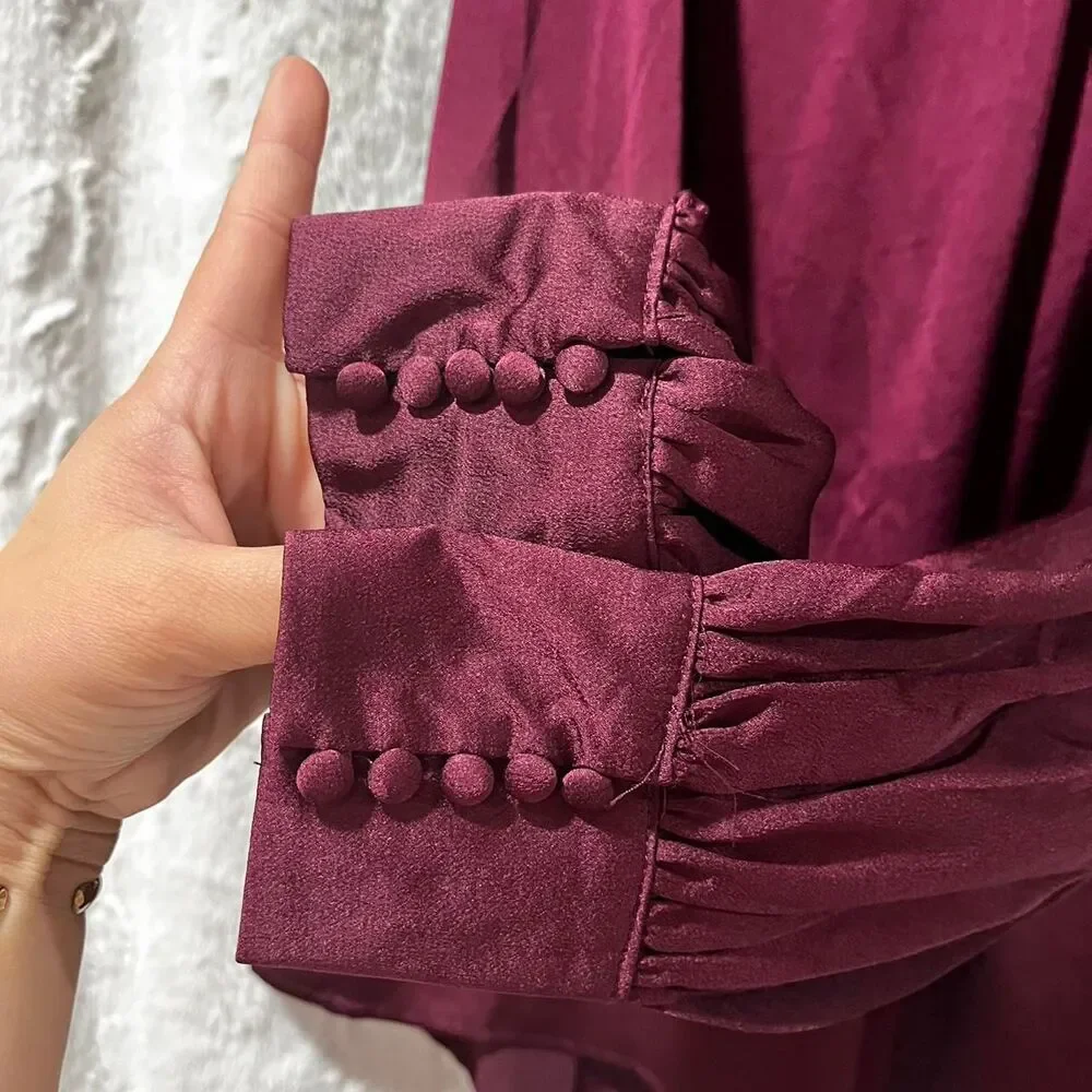 SHE+SKY Burgundy high neck blouse with long sleeves SIZE LARGE - Picture 6 of 8